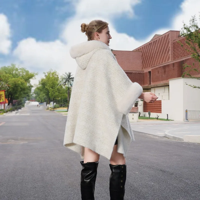 Zxryxgs 2025 nova moda gola de pele do falso xale quente cardigan meados longo solto casaco grosso versátil com capuz outono e inverno xale