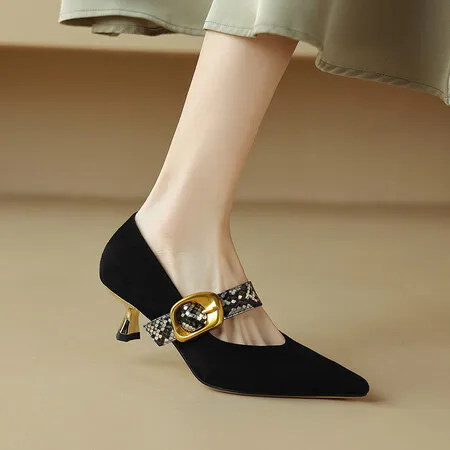 

HOT SALE Spring/Autumn Women Shoes Sheep Suede Leather Shoes for Women Pointed Toe Chunky Heel Shoes Metal Buckle Women Pumps