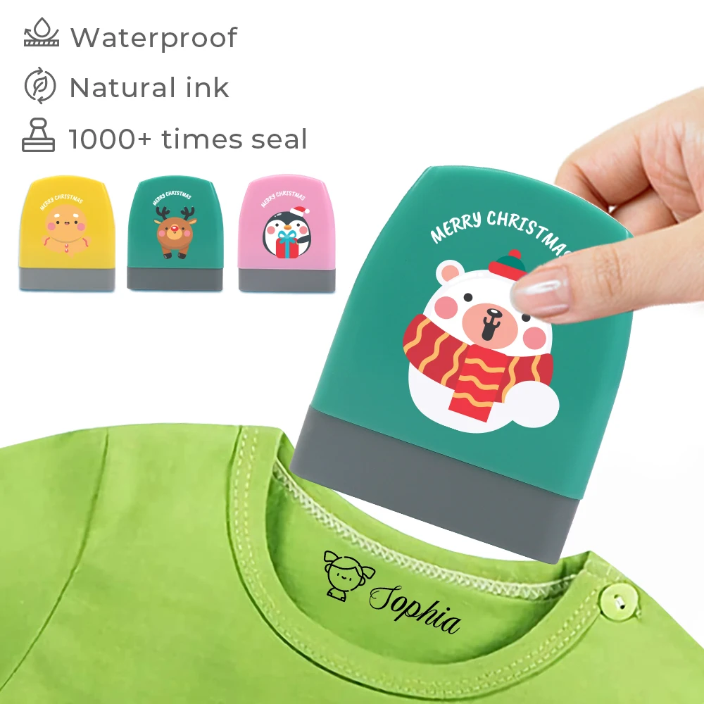 1 Stück personalisierter individueller Namensstempel, Weihnachtsmuster, lichtecht, Namenssiegel, niedliche Cartoon-Stempel