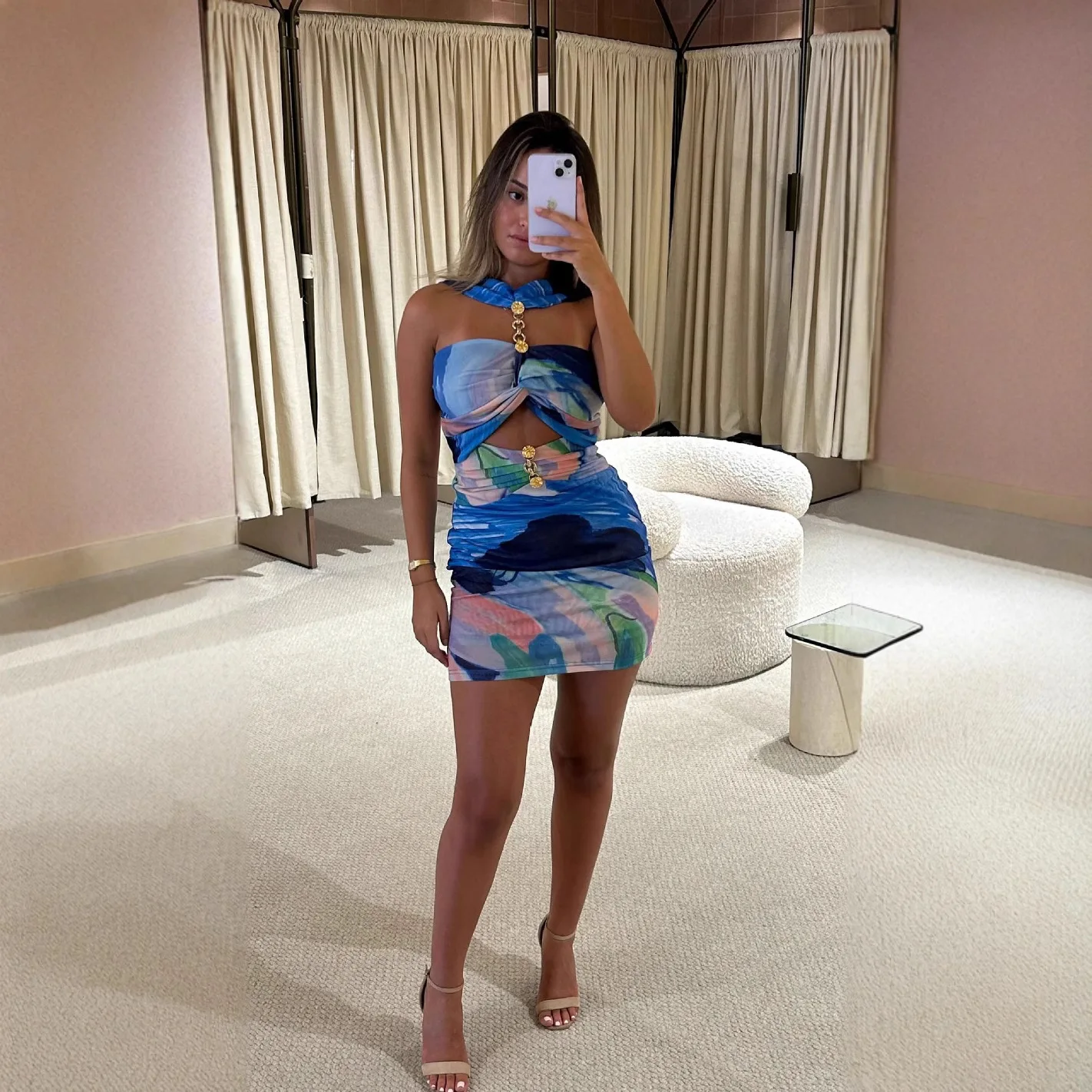 Mulheres primavera verão novo halter pescoço malha flor impresso vestido bodycon elástico fino estiramento casual férias mini vestido