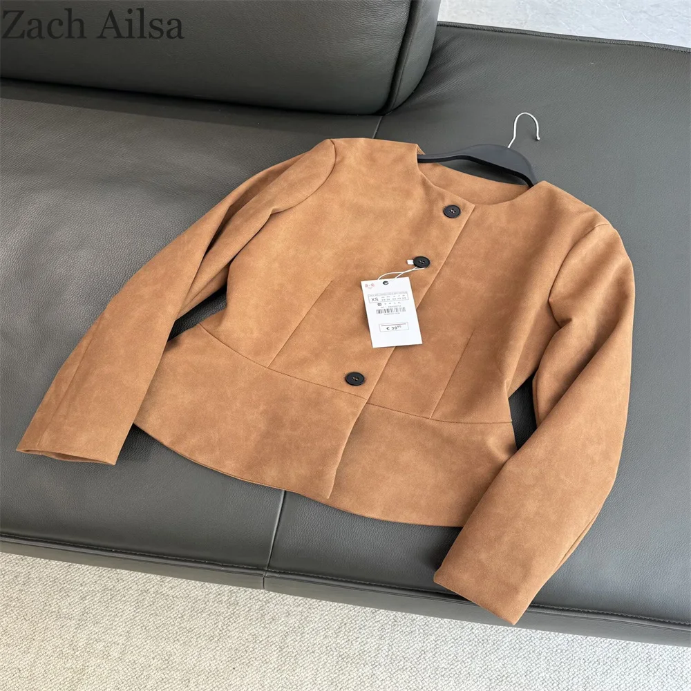 

Women's autumn new suede texture, waist cinched hem, round neck long sleeved jacket, short jacket