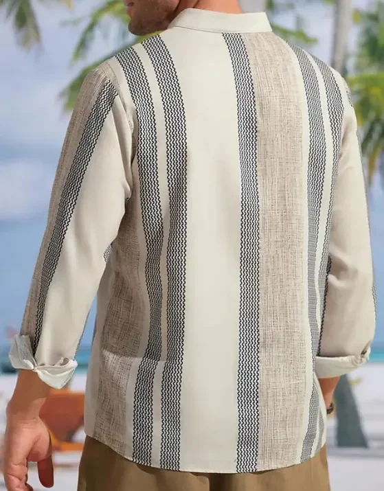 2025 Spring Autumn New Men's High Quality Casual Stripe Stand Collar Printed Cotton Linen Long Sleeve Tee Shirt Men Shirts