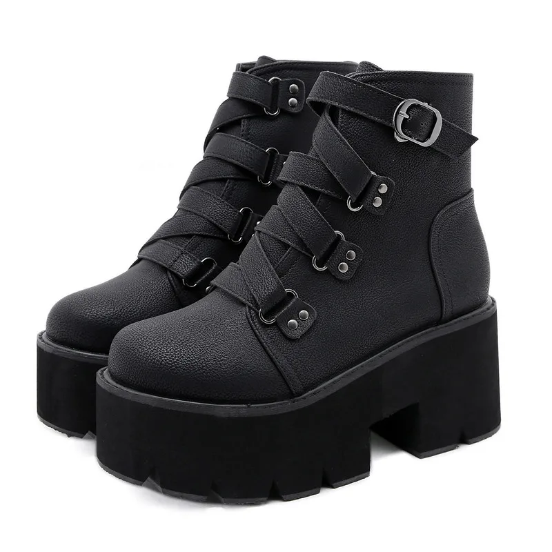 Punk Style Chunky High Heel Ankle Boots Women Cross Strap Platform Boots for Women Winter Non-slip Waterproof Warm Biker Botines