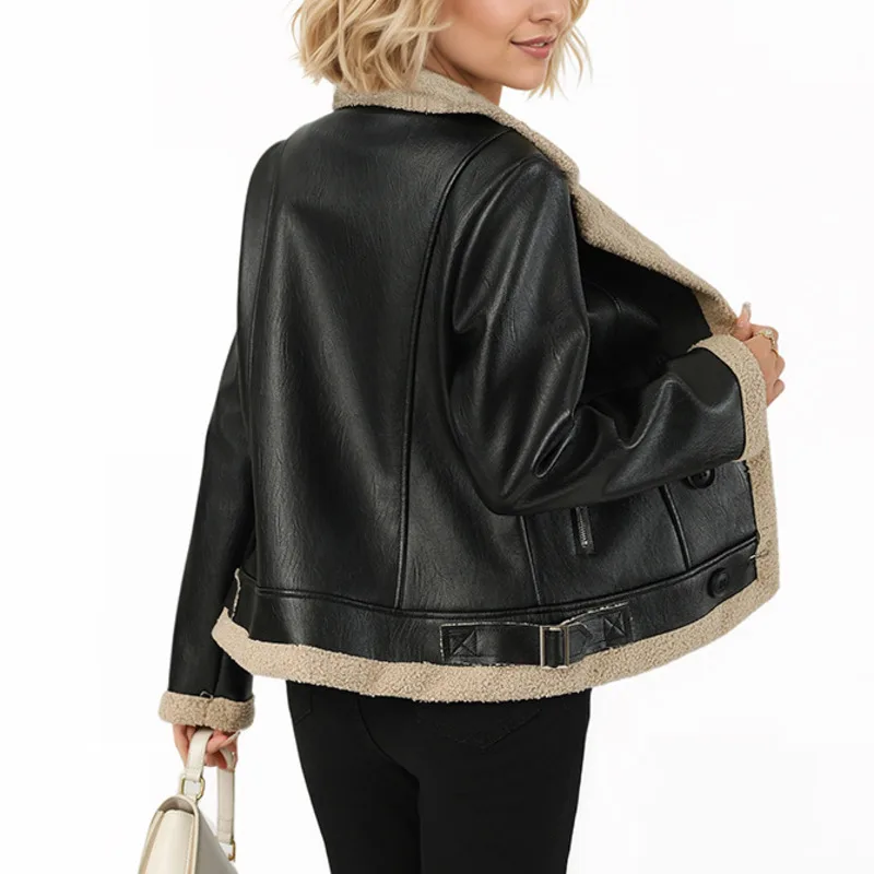 HKSH Otoño Invierno nueva chaqueta de mujer con forro polar de cuero PU grueso cuello vuelto bolsillos de doble botonadura abrigo elegante HK12956