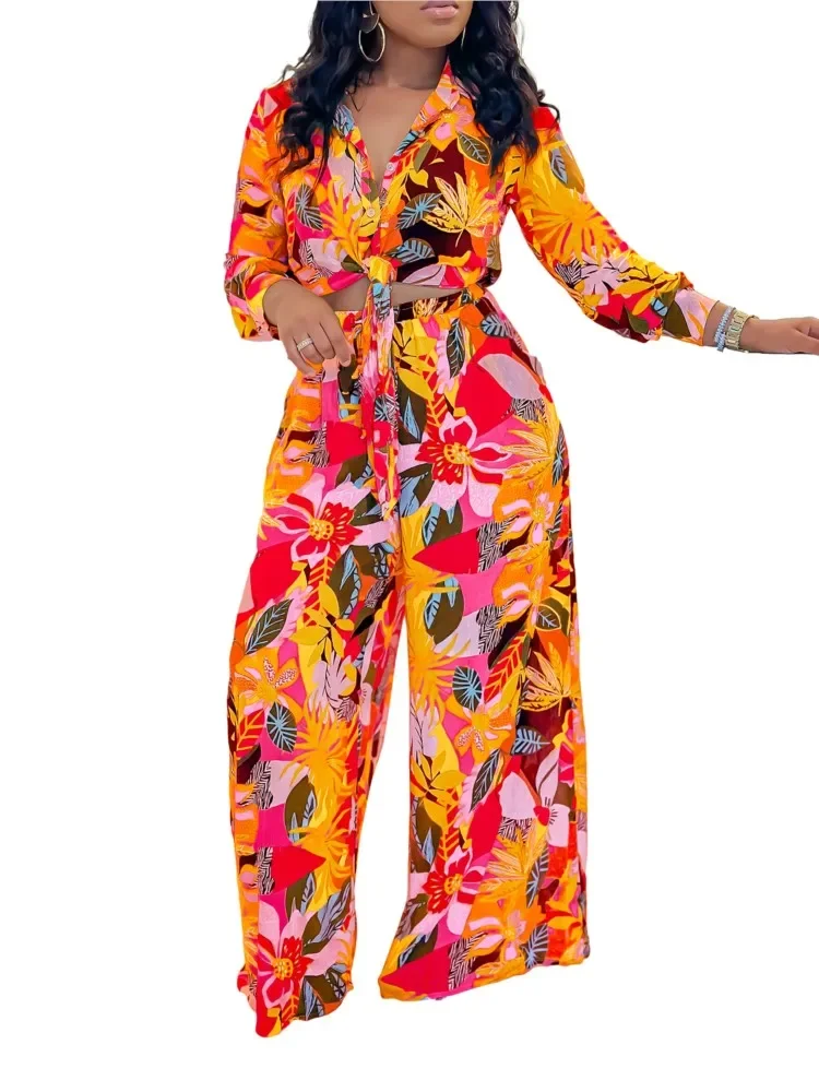 Spring Autumn Sets New Long Sleeved Printed Suit For Women Fashion Lapel Single Breasted Shirt Wide Leg Trousers Two Piece Set