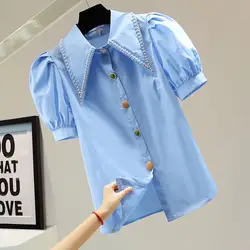 Beaded Bubble Sleeve Shirt Blouse Women 2023 Summer Loose Slim Personalized Colored Button Solid Casual Short Sleeve Shirt Top