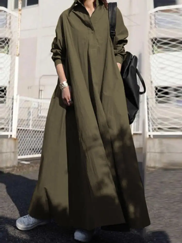 ZANZEA Sukienka damska Jesienna koszula z długim rękawem Sukienka luźna Oversize Maxi Kaftan Kobieta Klapa Solidna sukienka w kształcie litery A z półguzikami