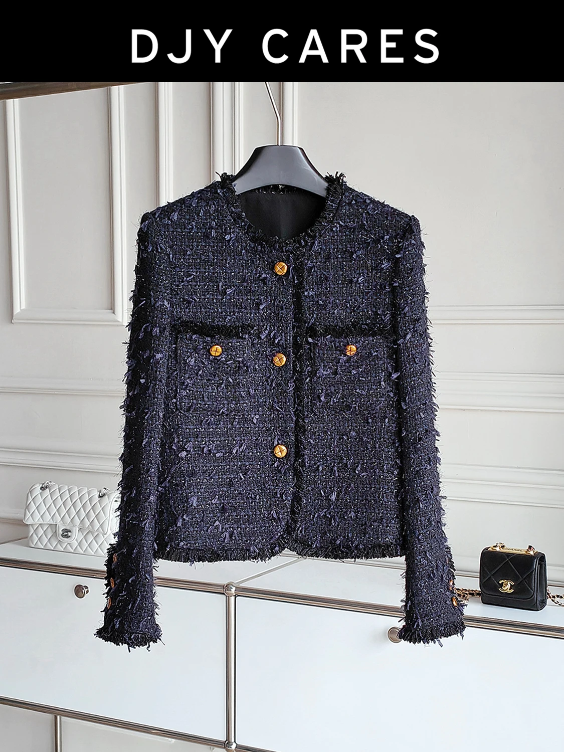 

New Coarse tweed with intellectual elegance~Blue black coat and wool top big size