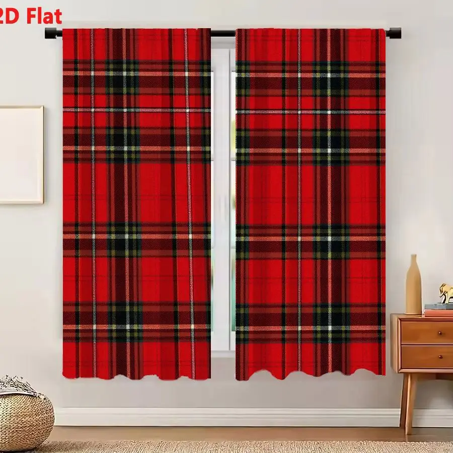 2Pcs Curtains Add 2D Flat Classic Red Tartan Pattern Textile Design With Black White And Green Bands Window Drapes for Bedroom R