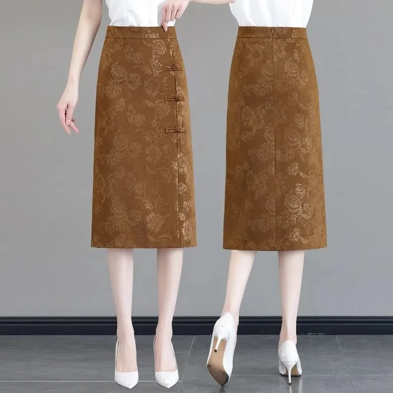 Summer Lady High Waist Maxi Skirt 2025 Women Fashion Large Size 4XL Long Skirts Retro Female Buckle Jacquard Half Length Skirt