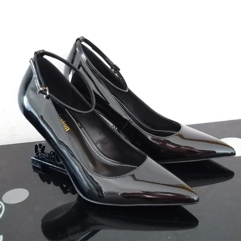 Letter Strange Heel Women Pumps Ankle Strap 10CM High Heels Wedding Dress Wedges Designer Patent Leather Black Valentine Shoes