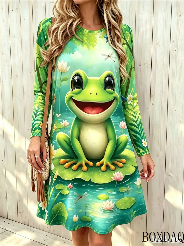 Autumn Women's New Casual Dresses Round Neck Long Sleeved Frog Pattern Printed Loose Home Dress