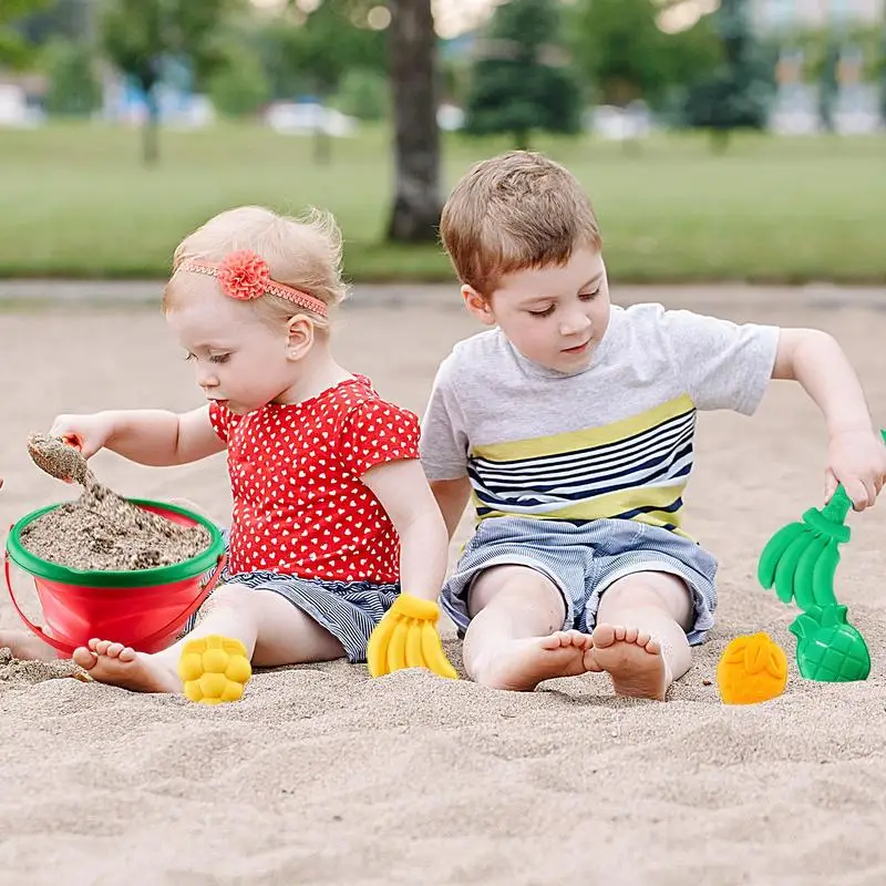 8pcs Children's Outdoor Beach Toys Fun Shovel Fruit Mold Beach Foldable Bucket Set Storage Sand Digging Tool Bucket Sand Toys