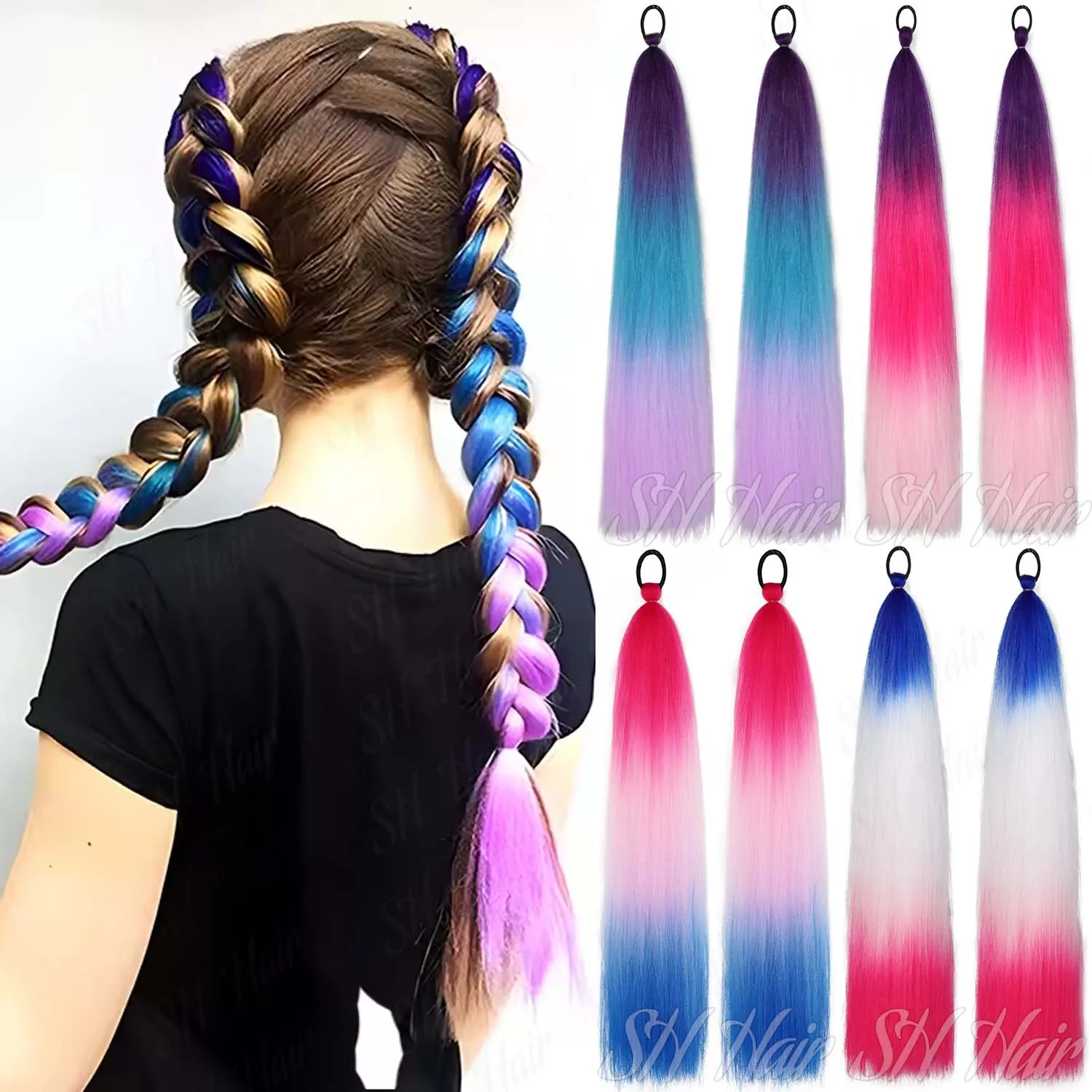 

Синтетические 2 шт., 26 дюймов, наращивание хвоста с эластичной завязкой, повязка для волос, длинные яки, прямые цветные плетения, хвост, цвета омбре