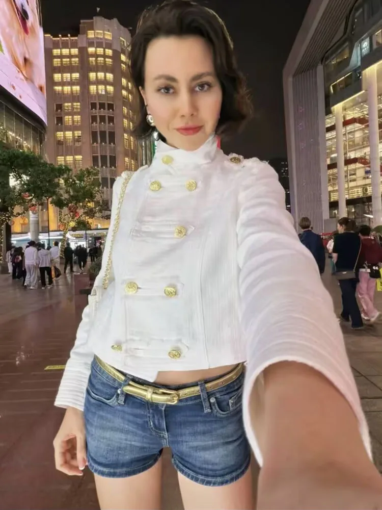 HH Women New Fashion Stand Collar Double Breasted Decoration Elegant Casual Short Coat 2026 Spring White Tweed Cropped Jacket
