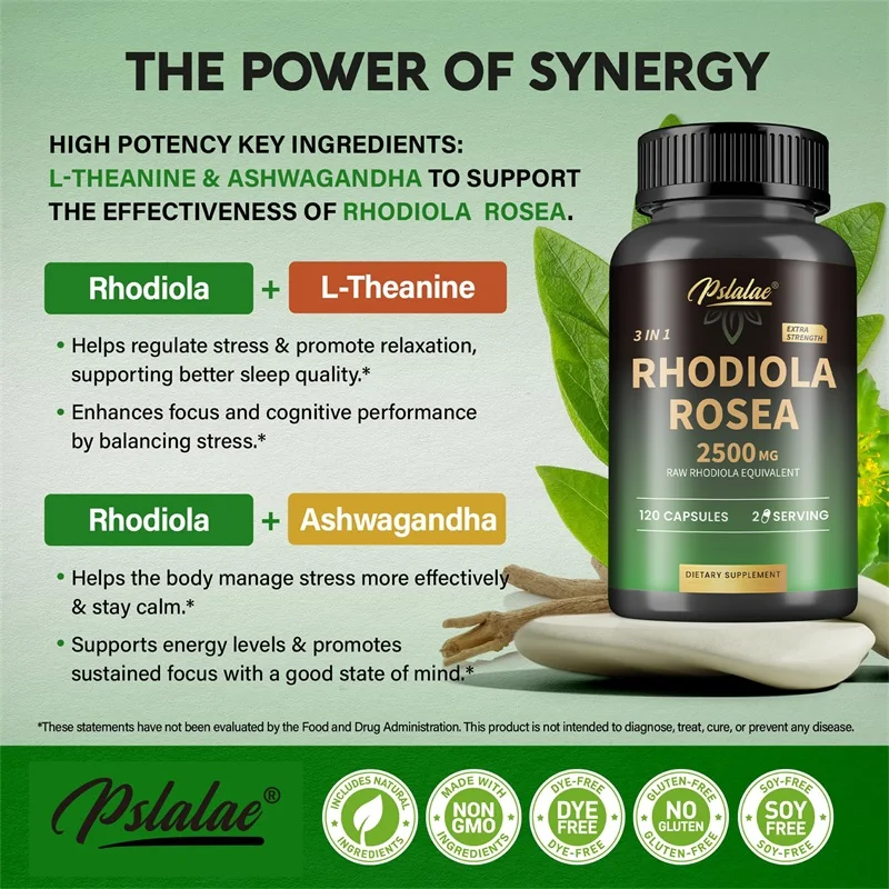 Rhodiola Rosea Capsules - with Ashwagandha, L-Theanine - Boost Energy, Relieve Stress, Improve Mood, Promote Muscle Growth