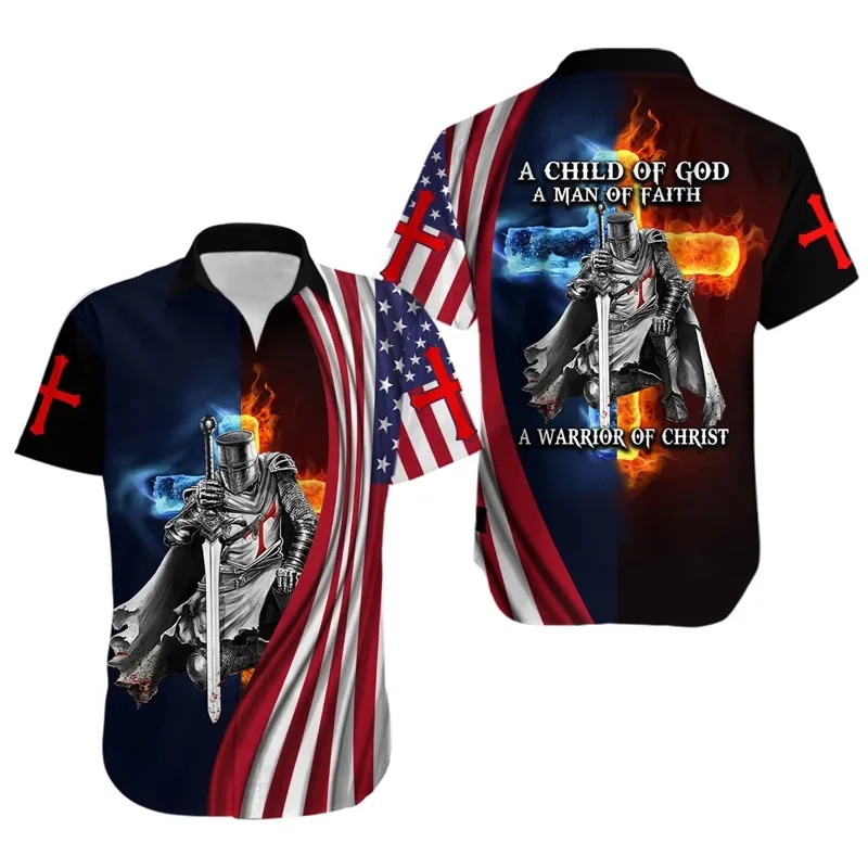 Summer Casual Men Shirt Retro Patriotic Eagle Flag Cross Text Graphic Pattern Short Sleeve Lapel Unisex Vacation Blouse