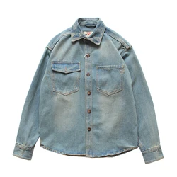 Heavyweight Washed American Vintage Casual Denim Shirts for Men Embroidery Lapel Asymmetric Pockets Workwear Tough Male Coats