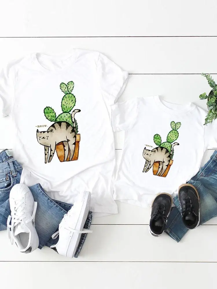 Cat Cactus Plant Women Kid Child Summer Mom Mama Girl Boy Mother Tshirt Tee T-shirt Clothes Clothing Family Matching Outfits