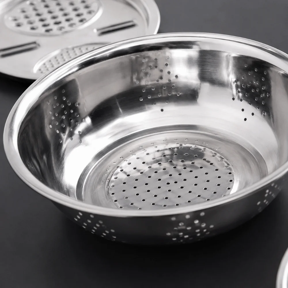 

3Pcs Rustless Steel Grater Bowl Three-in-one Multifunctional Slicing Disc Detachable Anti Slip Base Food Container