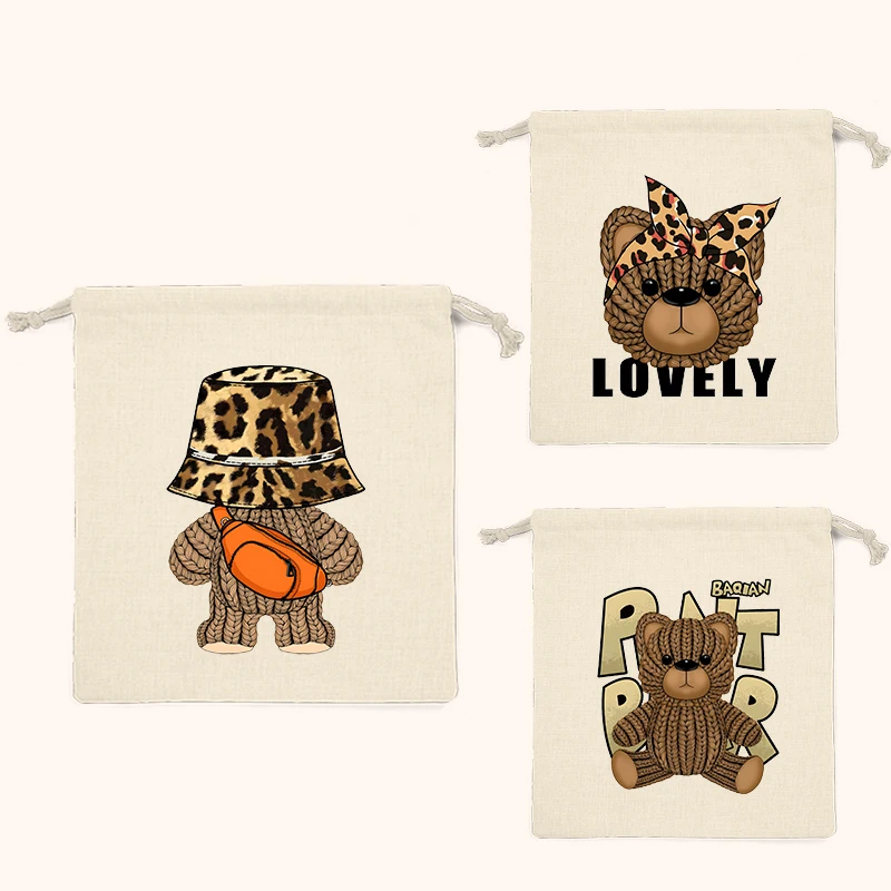 10pcs/Trendy Brown Bear Reusable Cotton Drawstring Gift Bag Wedding Canvas Bundle Pocket Drawstring Bag Gift Bag