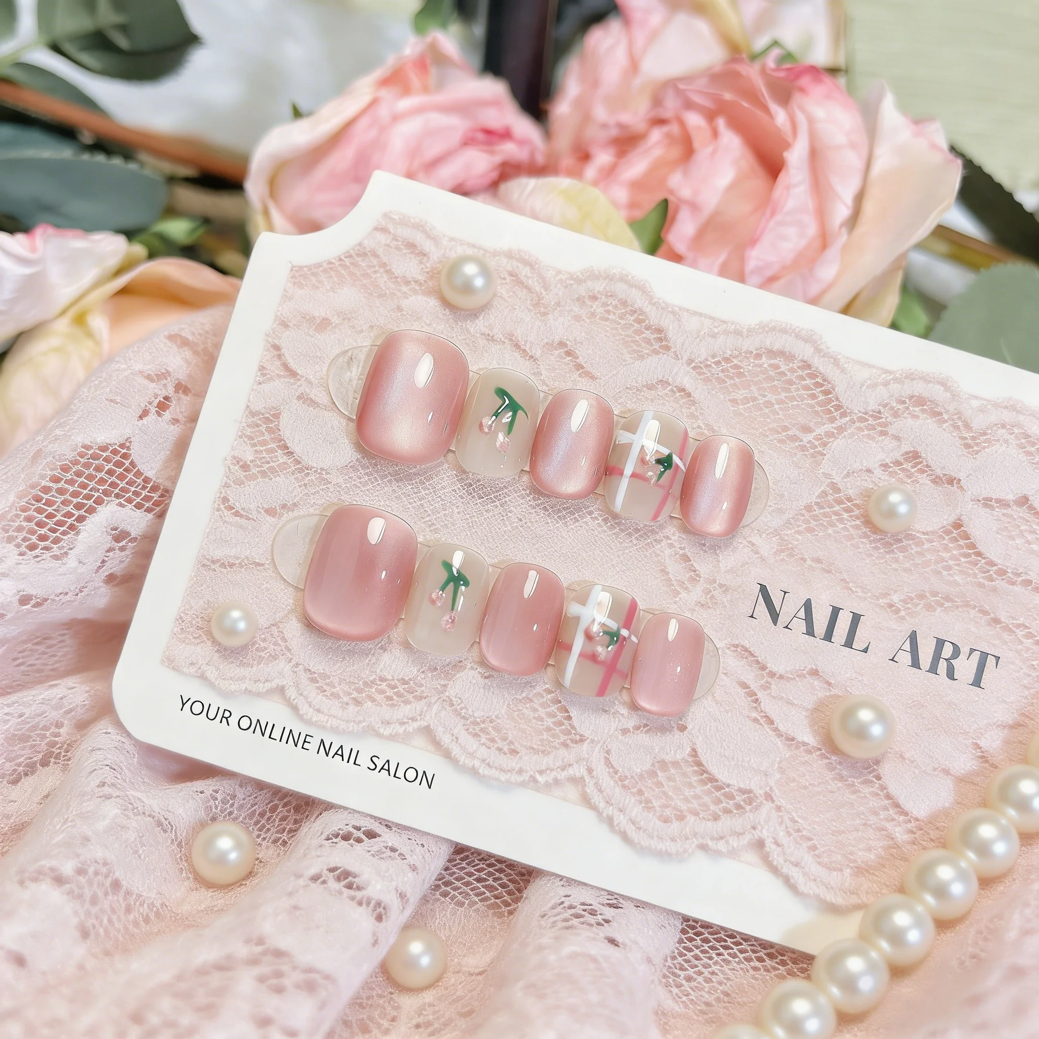 

10pcs Aurora Cherry Blossom Handmade Nails Pink Plaid Strobe Press-on Nails Short Square Fake Nails for Women&Girl False Nail