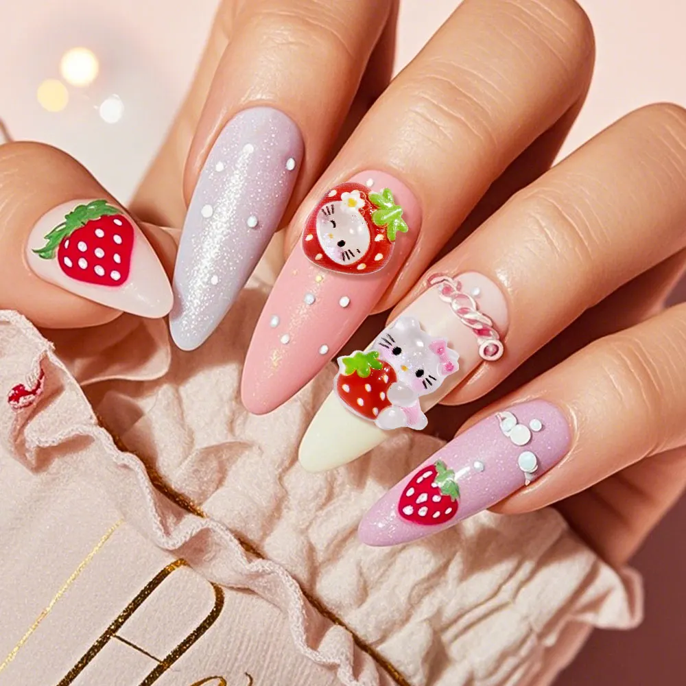 72 szt. Urocze błyskotki do paznokci w kształcie truskawek Hello Kitty, truskawkowy kapelusz, lodowy, półprzezroczysty brokat, sukienka, ozdoby do paznokci z kotem KT