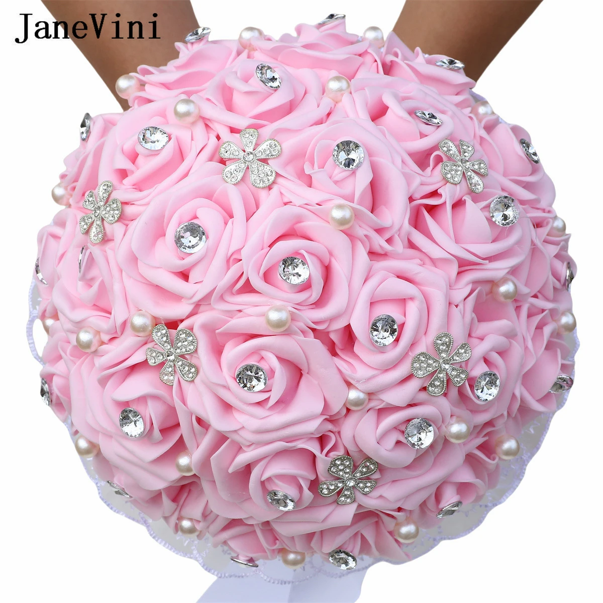 JaneVini Romantic Pink Foam Roses Wedding Bouquet Rhinestone Crystal Bridal Bouquet Bridesmaid Lace Purple Black Bride Bouquets