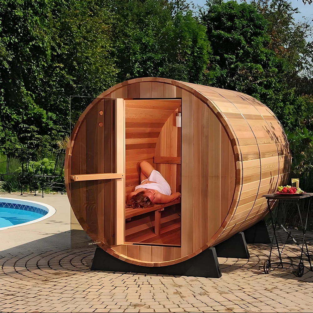 Outdoor Barrel Sauna, Red Cedar Solid Wood 3-Person Sauna Room, 6kw Electric Heater, 1800x2400mm Traditional Wet Steam Sauna view 2