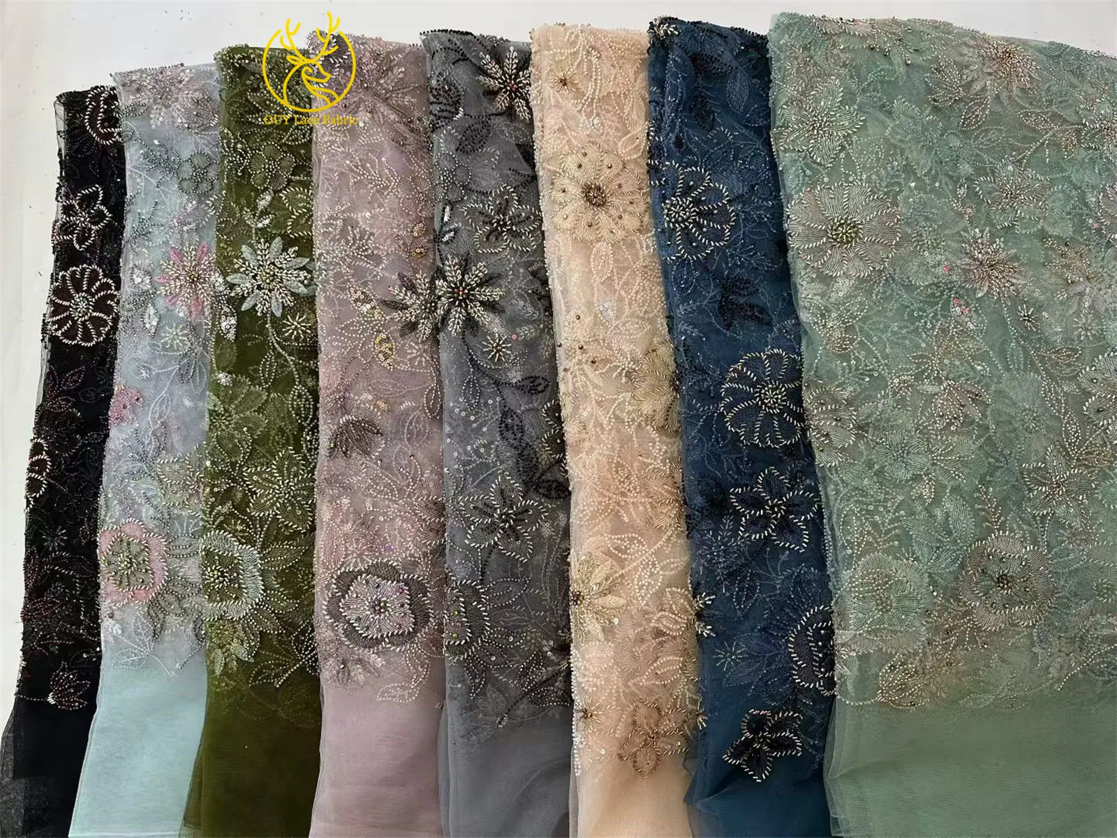 2026 Neuester Stil Luxuriöse Stickerei Schwer Perlenbesetzte Spitze Hochwertige Mesh Afrikanische Pailletten-Spitzenstoffe für Hochzeitskleider – Detail 3