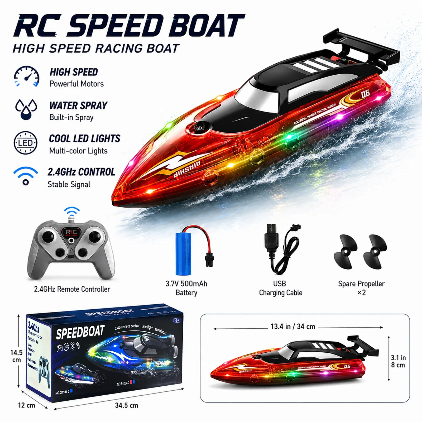 2.4GHz Light Remote Control Boat Medium High-Speed Speedboat Sailing Boat Model Electric Birthday Yacht Kids Outdoor Toy Gift