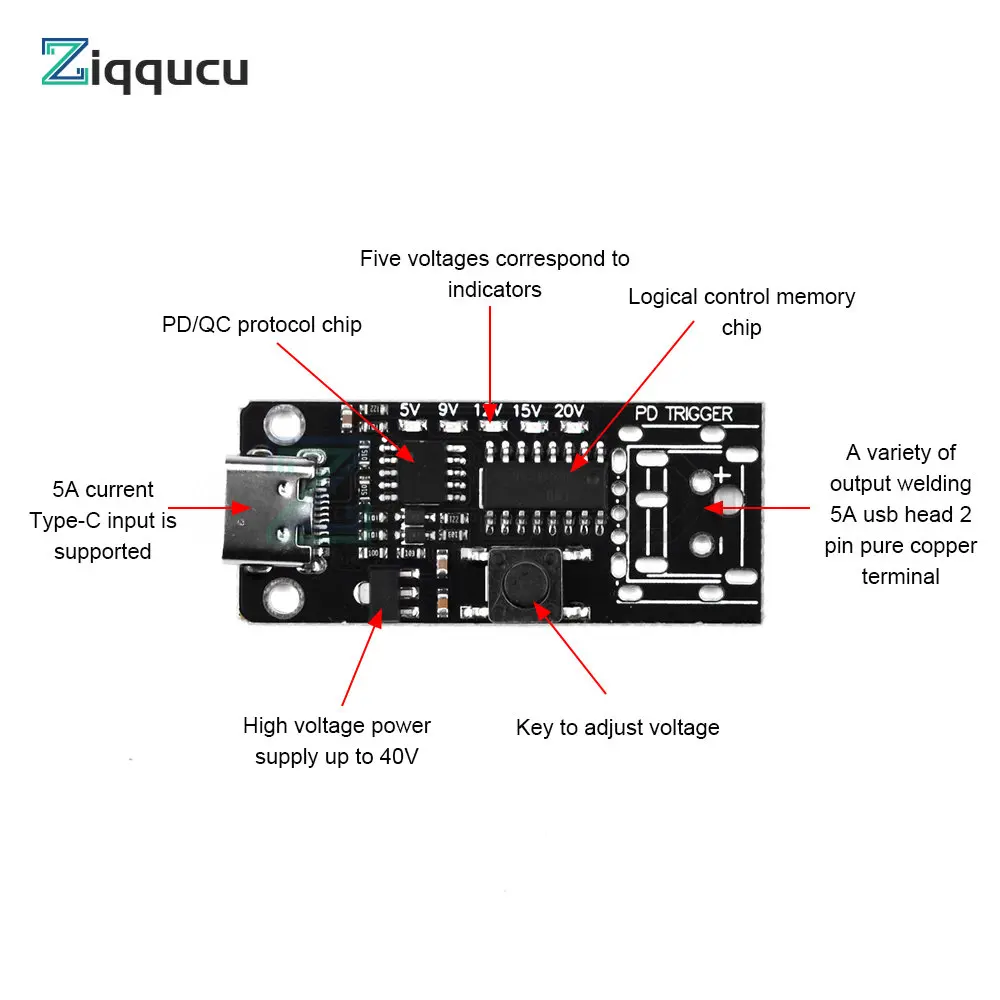 100W 5A USB Type-C QC Decoy Trigger Board 5V 9V 12V 15V 20V Output PD 2.0 3.0 Trigger Adapter Cable Connection Polling Detector