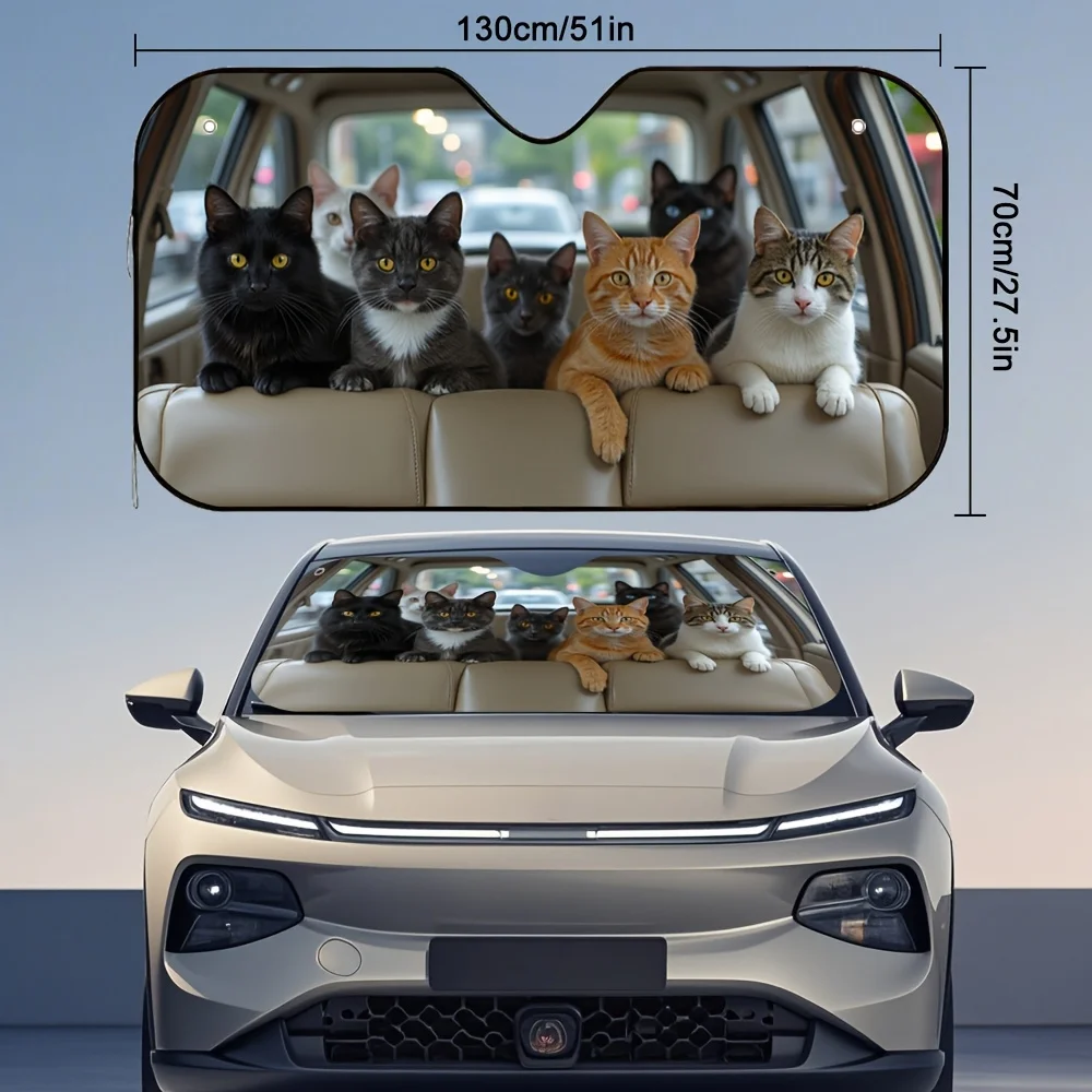 1pc Carpool Cats Car Sun Visor - Whimsical Cat Design Sunshade With 6 Adorable Cats (3 Black & 3 Tabby), Fit For Most Vehicles,