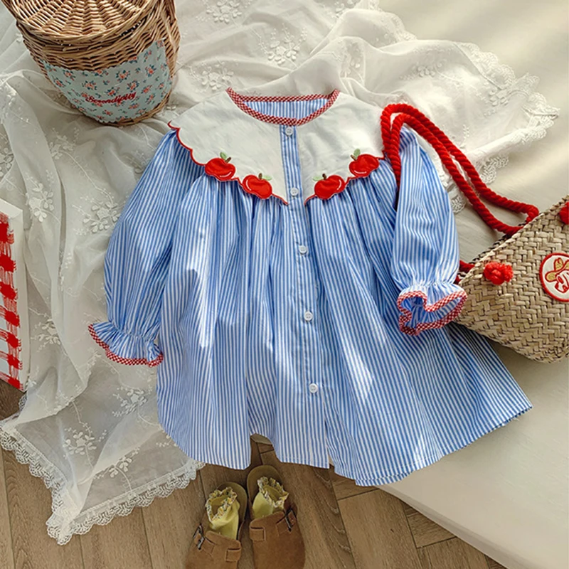 Girls Dress Cotton Clothes Children Blue Stripe Dress Long Sleeve Dress Embroidered Apples Dress Princess Costume Korean Style