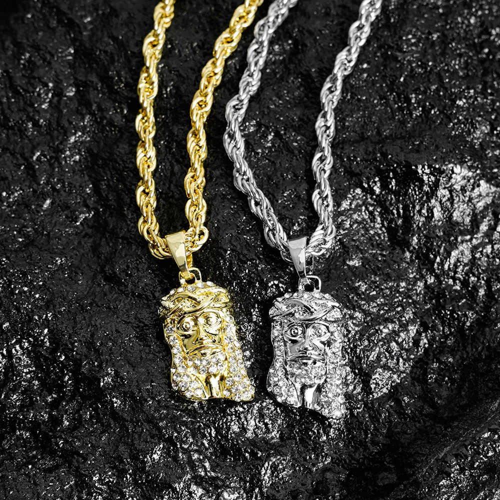 الرجال الهيب هوب يسوع قطعة رئيس الوجه قلادة قلادة مع 4 مللي متر حبل سلسلة مشرقة كريستال سحر المعلقات مجوهرات هدية لحبك #3