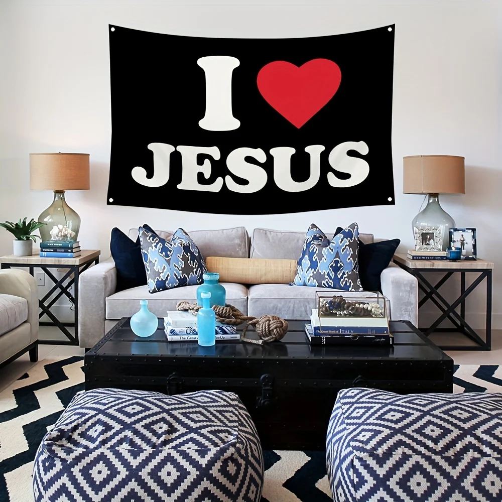 Ich liebe Jesus Flagge Lustiges Poster Langlebiger Männerhöhlen-Wandbehang Wandteppich Hintergrundstoff für Schlafzimmer Wohnheim Dekor Kunst