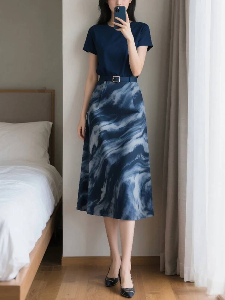 

Summer New Women's Skirt, Fashionable and Vintage Printed Commuter A-line Half Length Skirt