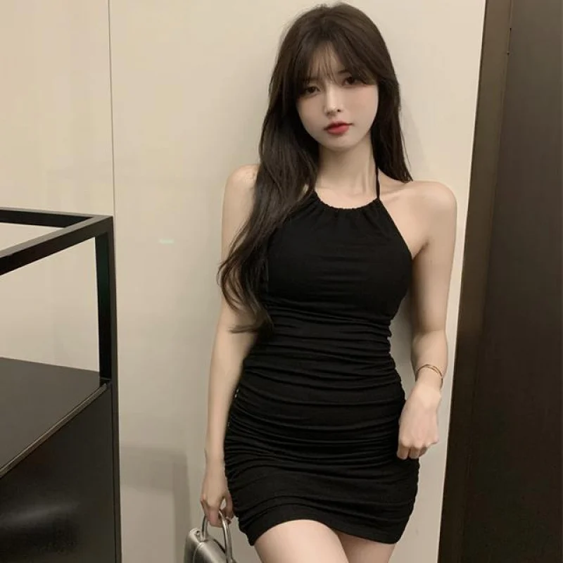 hot girl backless halter dress WOMEN'S sleepveless off-the-shoulder inner small sling pleated skirt