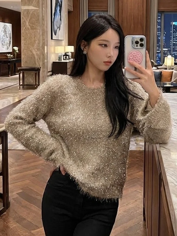 

Spring 2026 Women's Unique iny Sequin Long Sve Knitted Sweater Slimming Faionable Casual Sle Mid-Thi Breathable