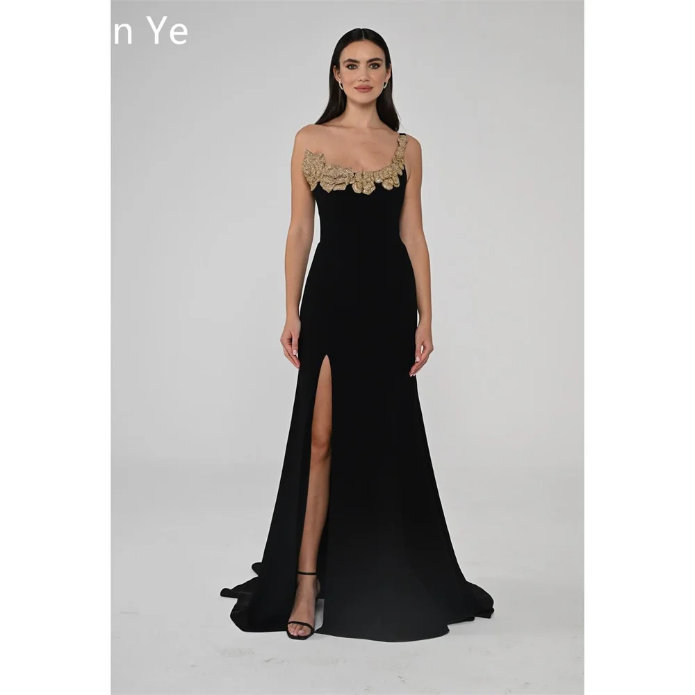 Vestido de noite formal arábia saudita dearin um ombro a linha até o chão saias plissado sem mangas apliques flor 3d sob medida occ