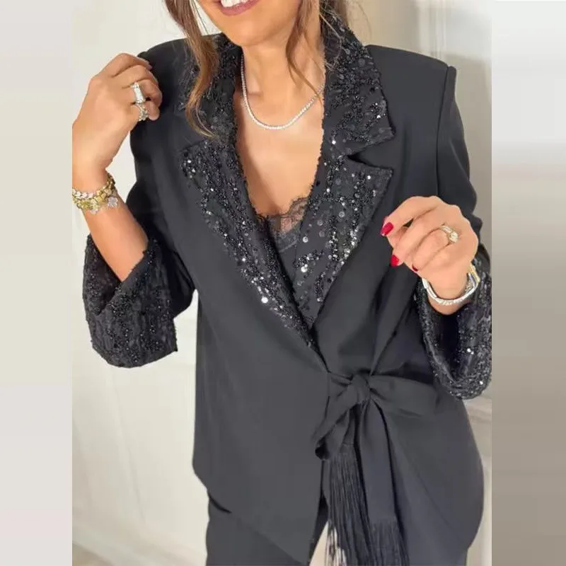 

Темпераментные новые женские брючные костюмы для женщин 2026 Осенний пиджак с длинными рукавами, черный офисный женский комплект из 2 предметов, наряд