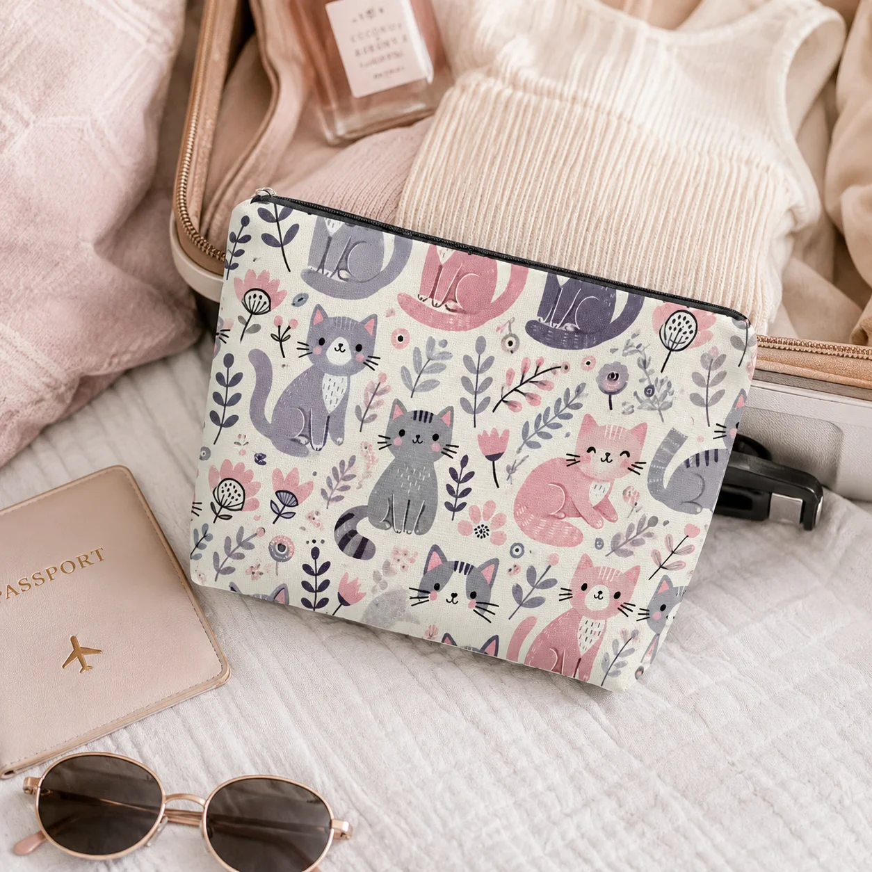 Cute Cat Floral Cosmetic Bag Cartoon Kitten Flower Print Canvas Zipper Pouch Portable Travel Makeup Storage Purse for Cat Lovers