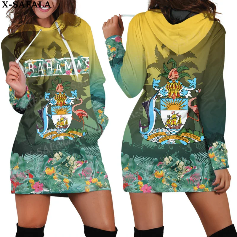 Love BAHAMAS Country Flag Coat Of Arms 3D Printed Autumn Hoodies Dress Women Casual Wear Long Sleeve Hooded Dress-3