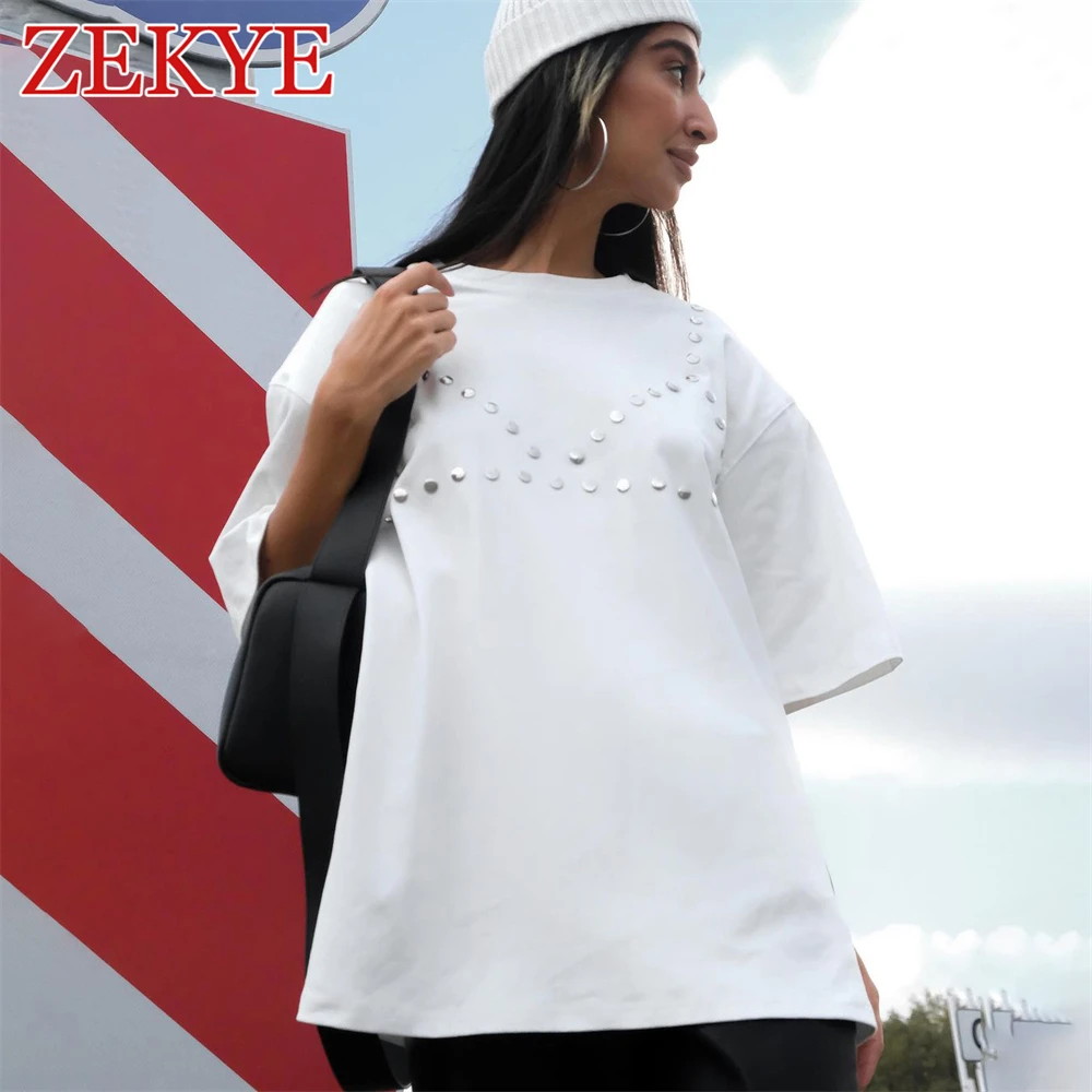Zekye Streetwear Rivet Tshirt Women Oversize Chic Summer Solid 90S Korean Elegant Vintage T Shirts Short Sleeve Fashion Casual