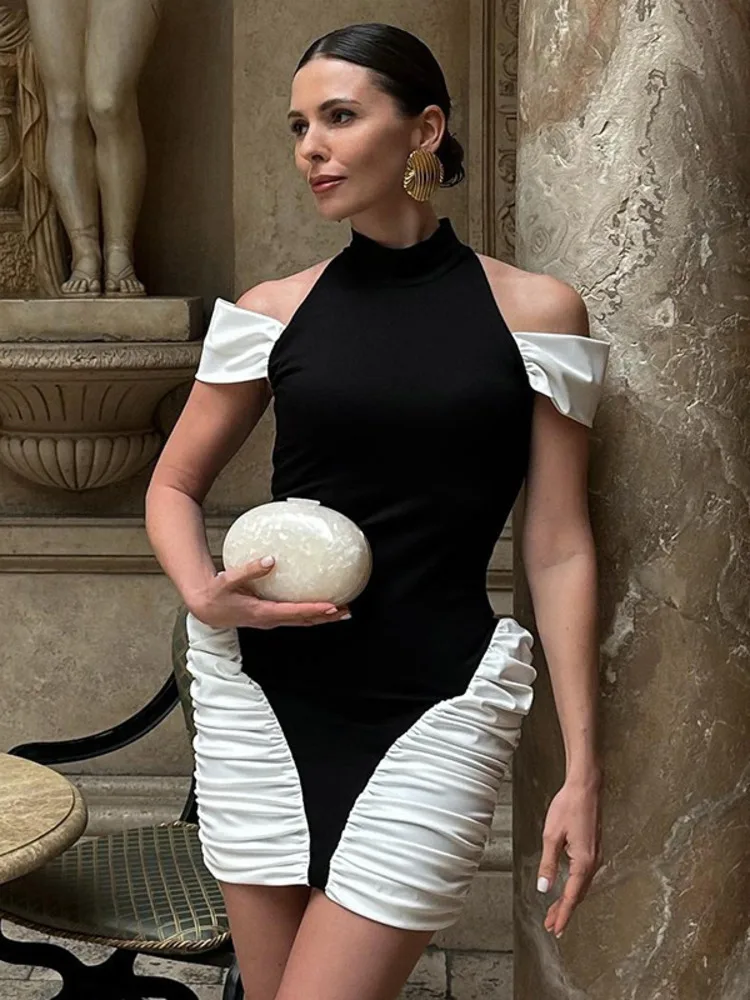 Blifanbo élégant Sexy épaules dénudées Mini robe pour les femmes taille haute moulante col roulé Patchwork mode plissée Club robe de soirée