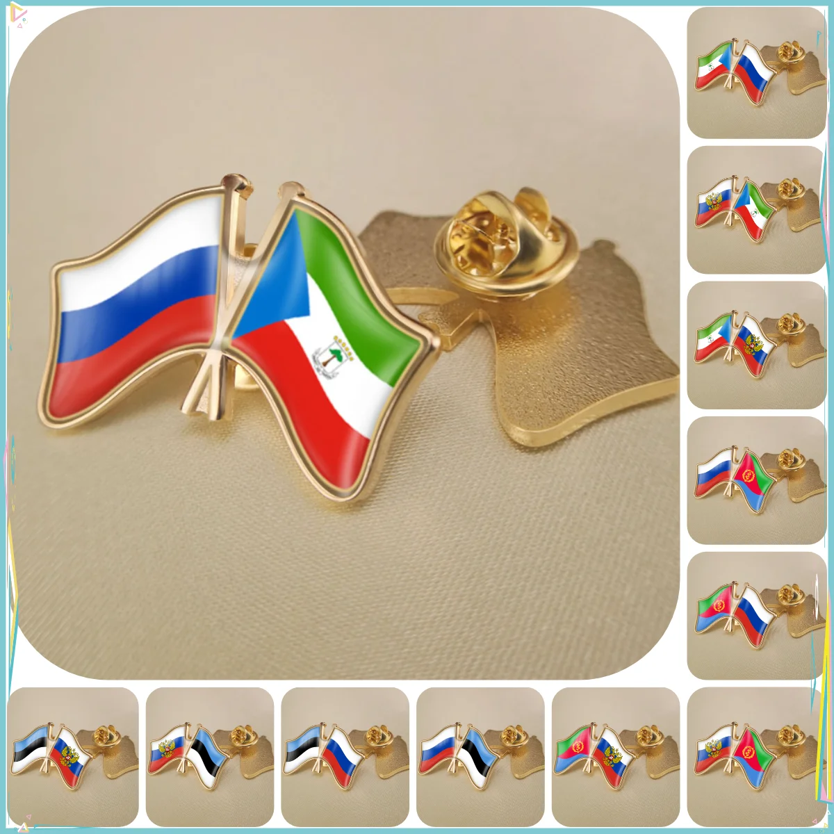 Russian Federation and Equatorial Guinea Eritrea Estonia Double Crossed Friendship Flags Brooches Lapel Pins Badges