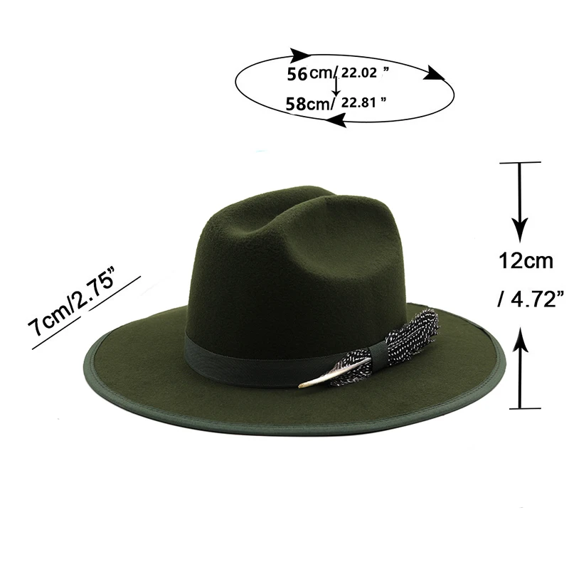 New Military green Feather band Wool Women Fedora Hat Men cowboy hats Elegant Lady Gangster Trilby Felt Homburg Church Jazz Hat