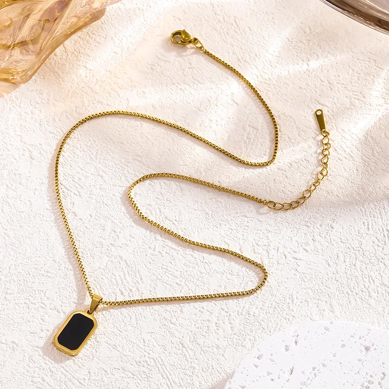 

New Stainless Steel Minimalist Rectangular Pendant Korean Black Epoxy Women's Gold Necklace Exquisite Long Jewelry Gift