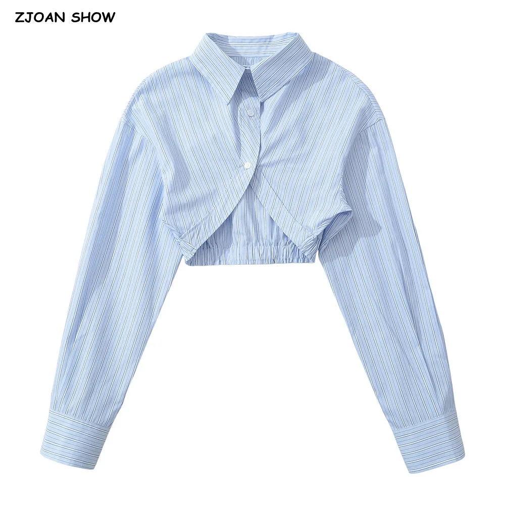 Sexy Women  Lapel Collar Blue Stripes Cropped Shirt Elastic Back Hem Long Sleeve Dropped Crop Top Blouses