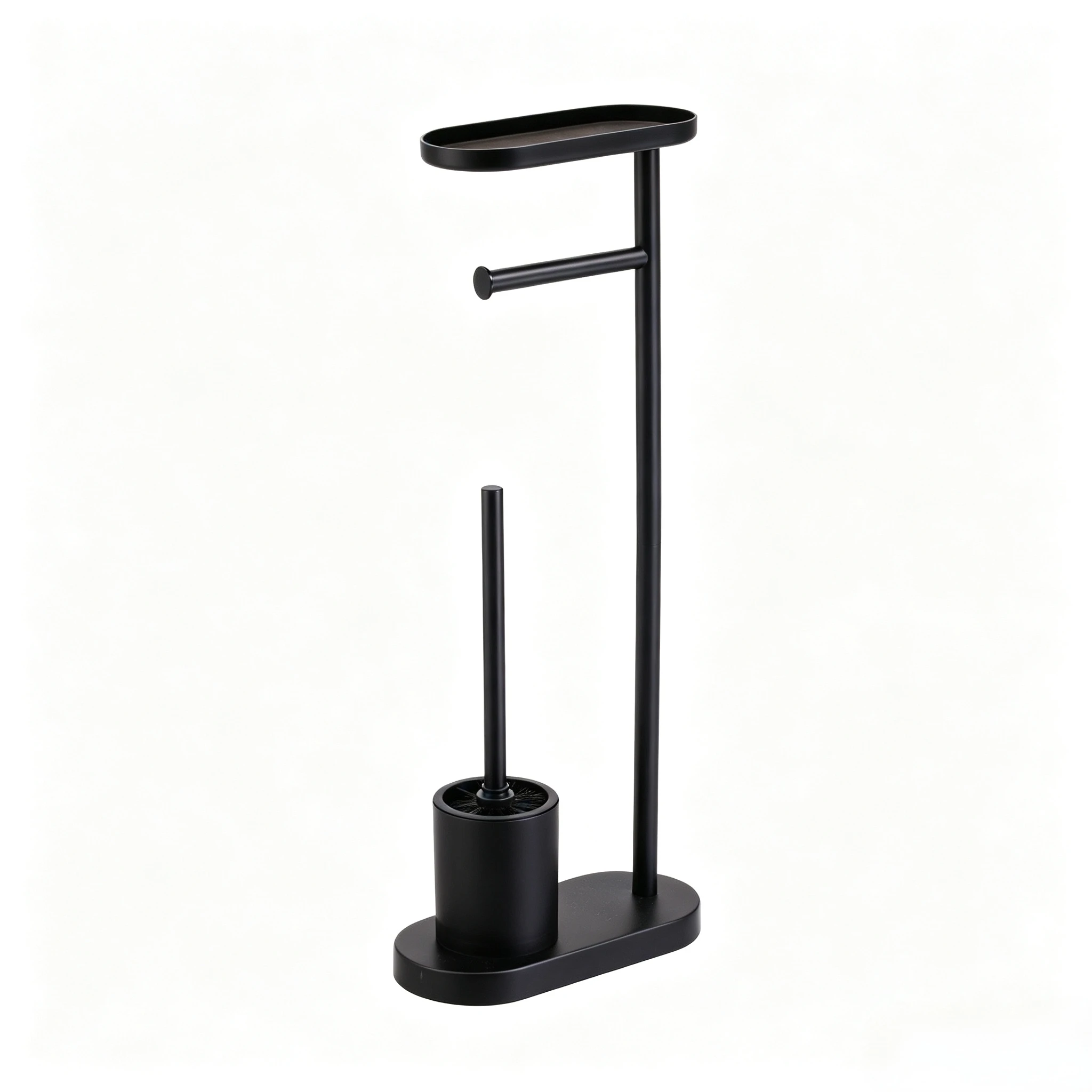 Bm toiletpapierhouder met borstel en metalen plank – 3-in-1, matzwarte toiletpapierstandaard, modern design, toiletpapierhouder met bovenste bak, stabiele, antislipvoet (metaal).